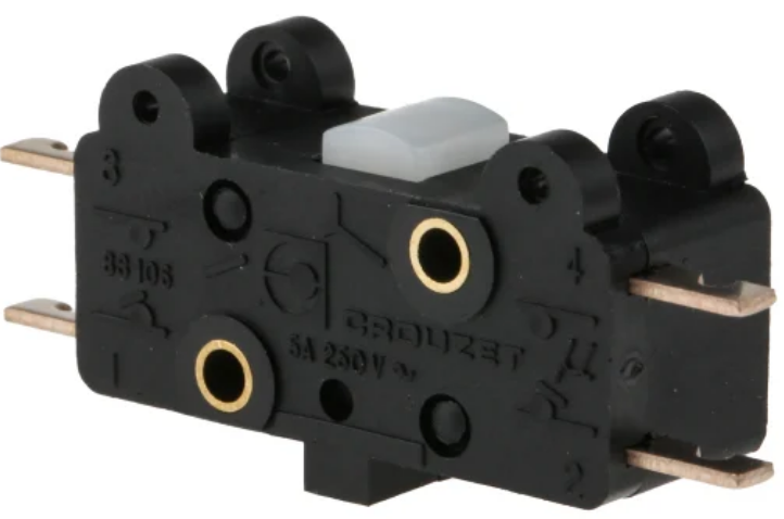 Microswitch, classique, double rupture, sorties latérales, série 83106, standard 831060, action brusque, inverseur, bornes à souder, axe long, Bouton=Haut         